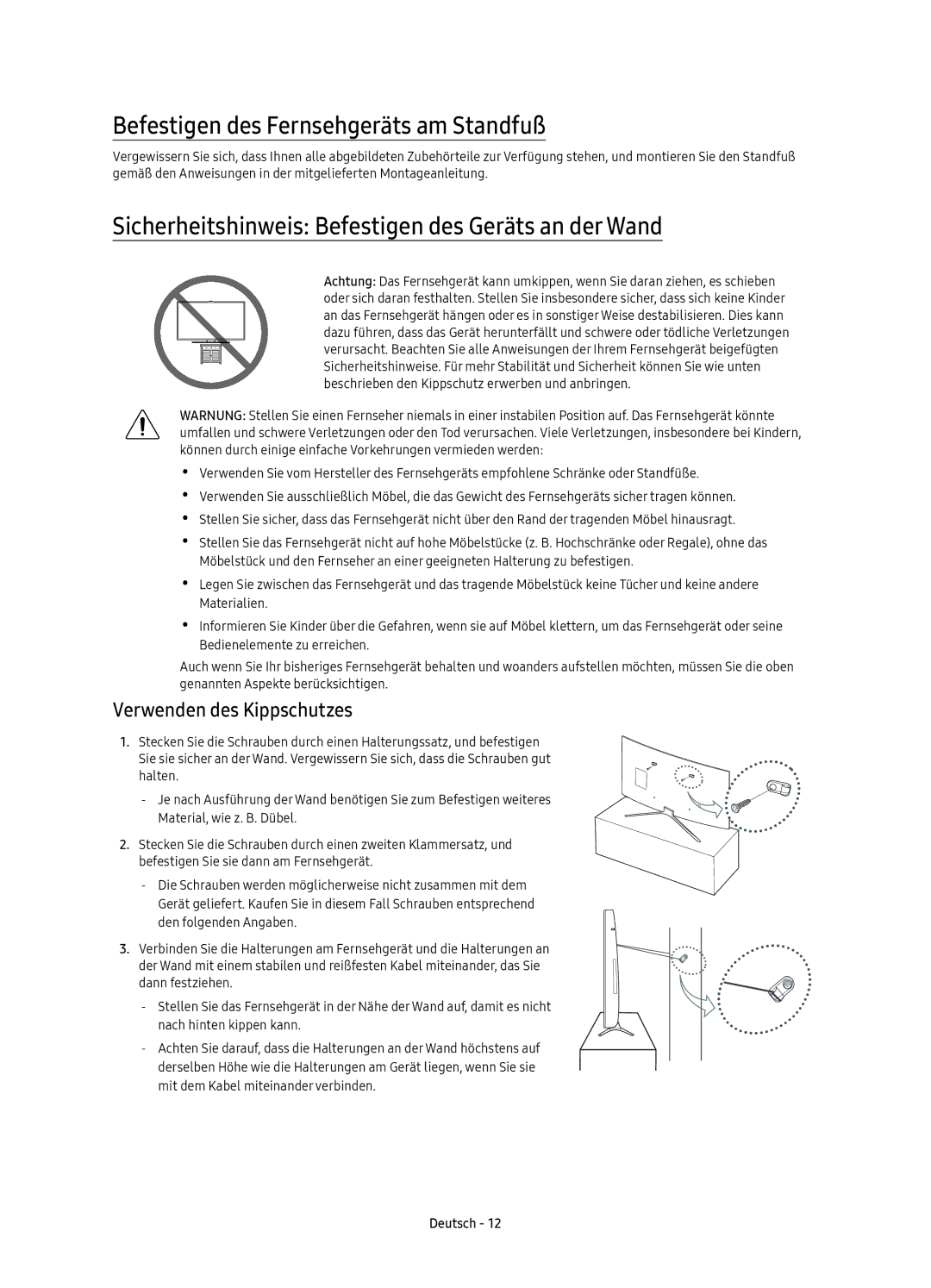 Samsung UE40K6370SUXZF Befestigen des Fernsehgeräts am Standfuß, Sicherheitshinweis Befestigen des Geräts an der Wand 