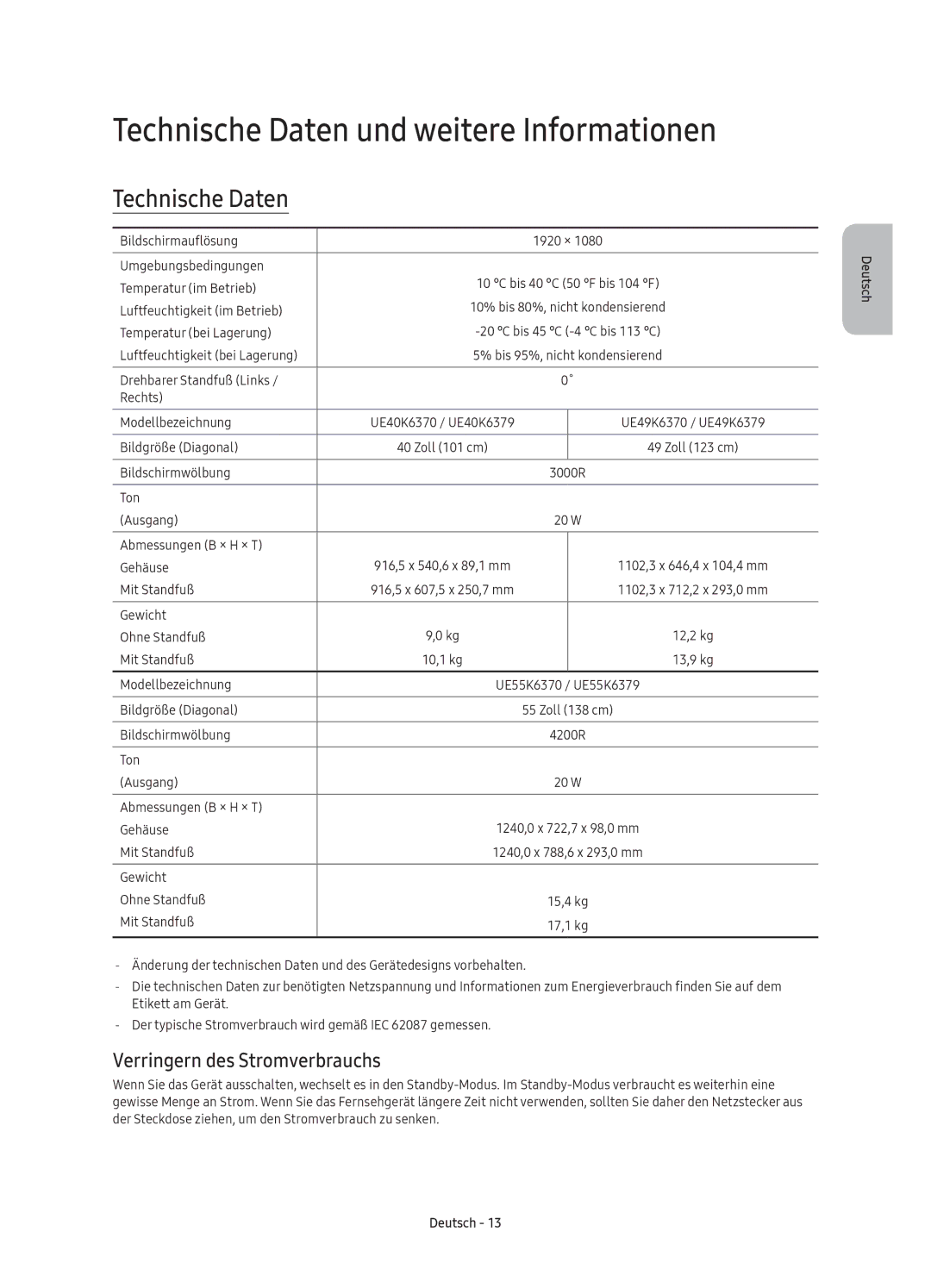 Samsung UE49K6370SUXZF, UE40K6379SUXZG manual Technische Daten und weitere Informationen, Verringern des Stromverbrauchs 