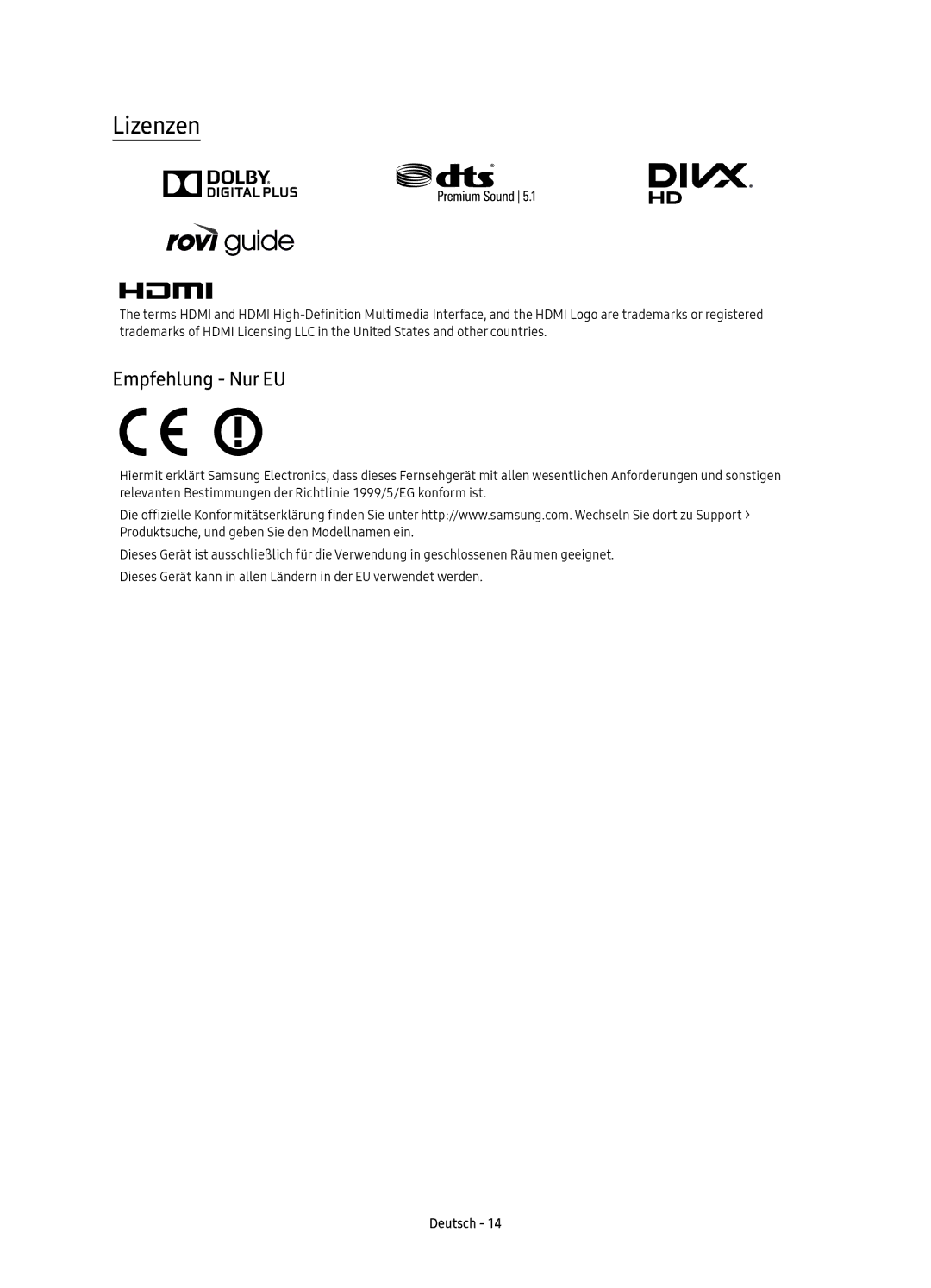 Samsung UE55K6370SUXZF, UE40K6379SUXZG, UE55K6379SUXZG, UE49K6379SUXZG, UE40K6370SUXZG manual Lizenzen, Empfehlung Nur EU 