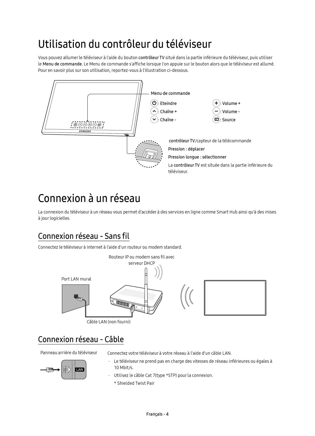 Samsung UE49K6379SUXZG manual Utilisation du contrôleur du téléviseur, Connexion à un réseau, Connexion réseau Sans fil 