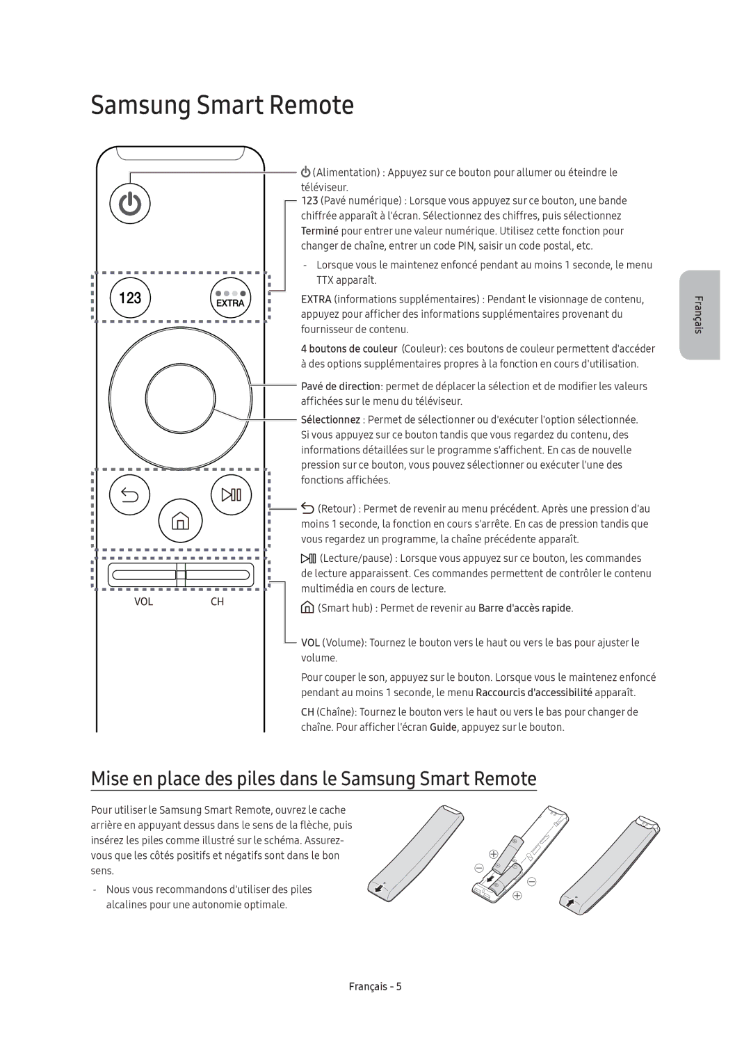 Samsung UE40K6370SUXZG, UE40K6379SUXZG, UE55K6379SUXZG manual Mise en place des piles dans le Samsung Smart Remote 