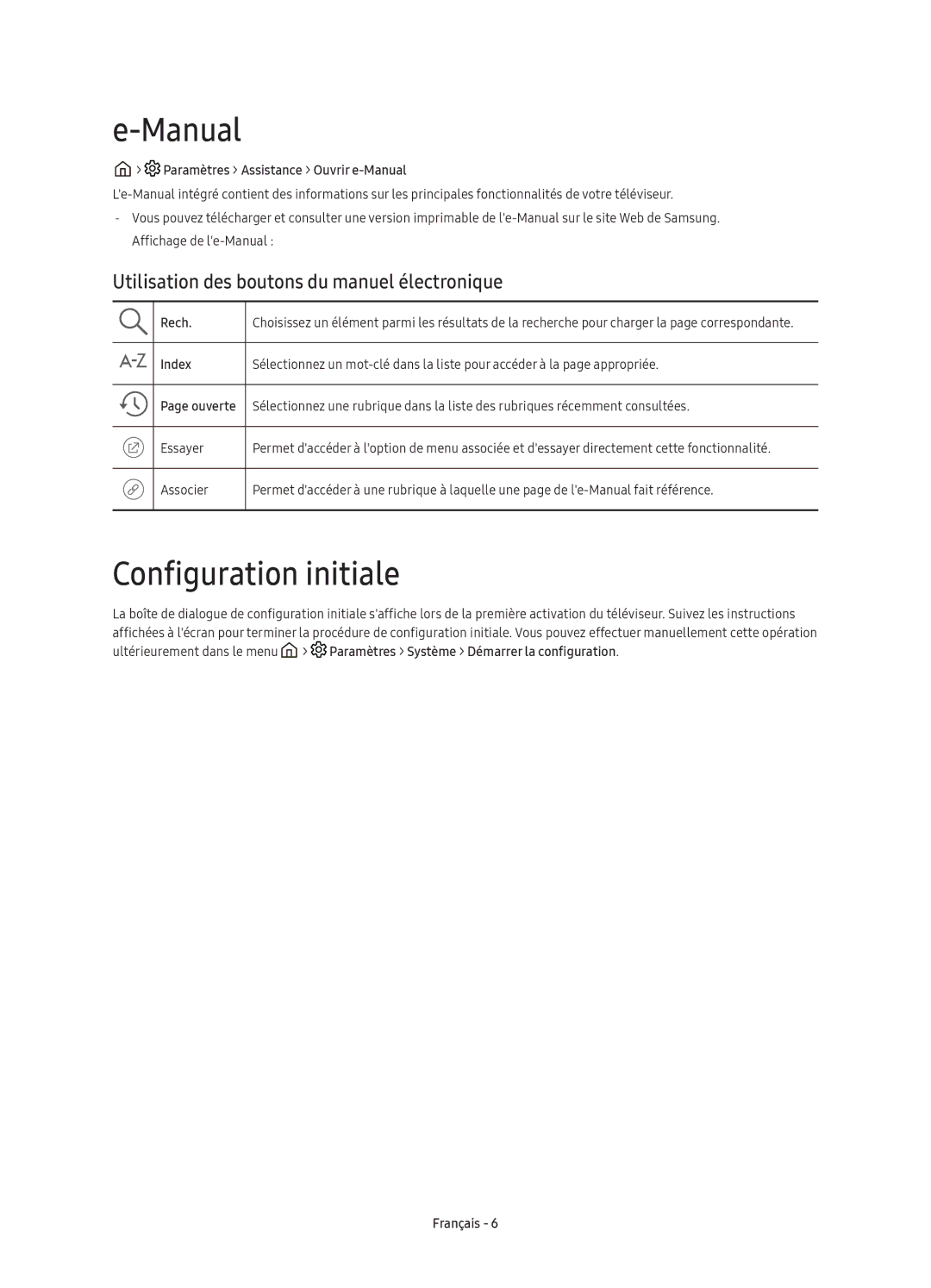 Samsung UE49K6370SUXZG, UE40K6379SUXZG manual Manual, Configuration initiale, Utilisation des boutons du manuel électronique 