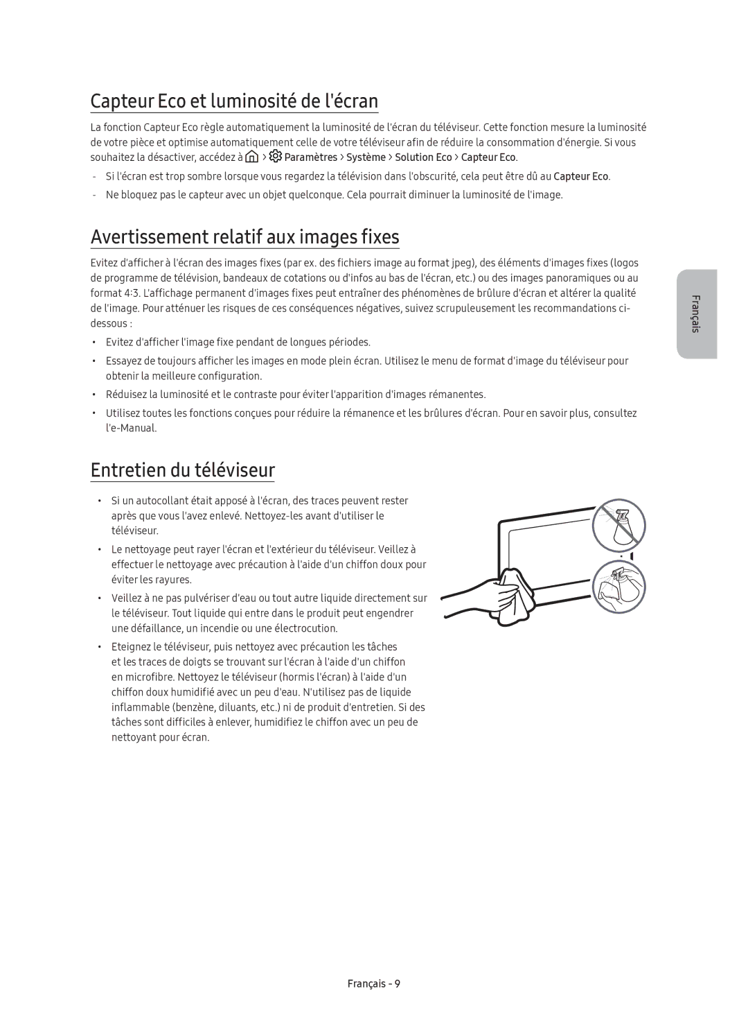 Samsung UE49K6370SUXZF, UE40K6379SUXZG manual Capteur Eco et luminosité de lécran, Avertissement relatif aux images fixes 