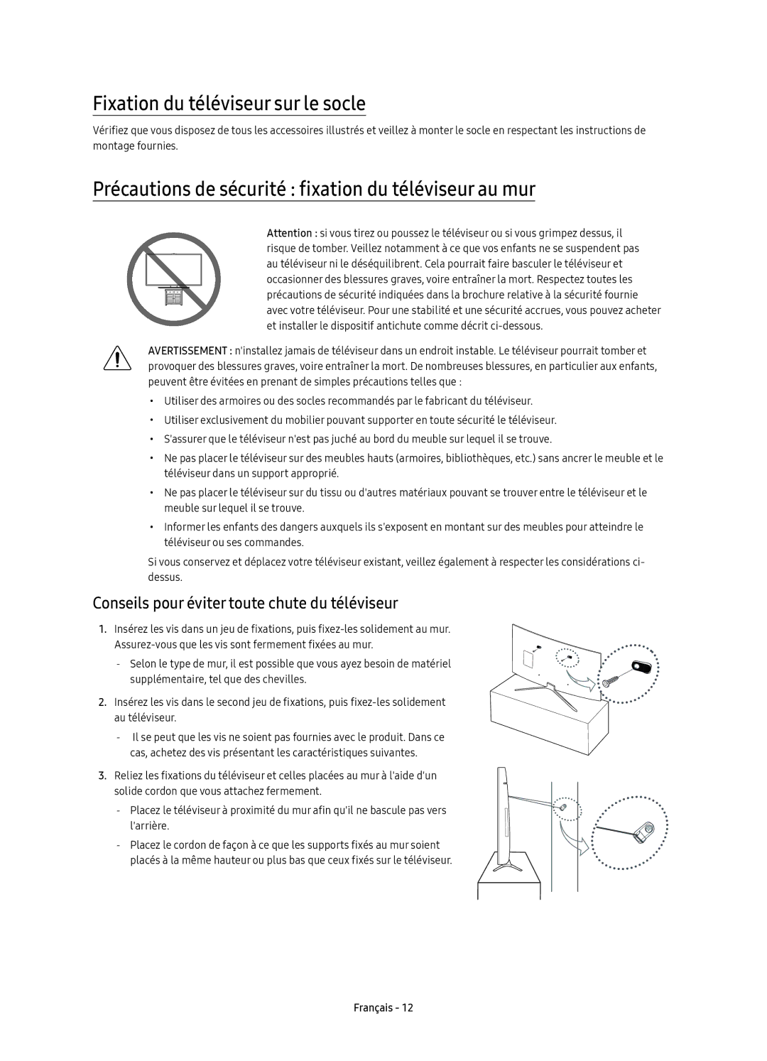 Samsung UE40K6379SUXZG manual Fixation du téléviseur sur le socle, Précautions de sécurité fixation du téléviseur au mur 