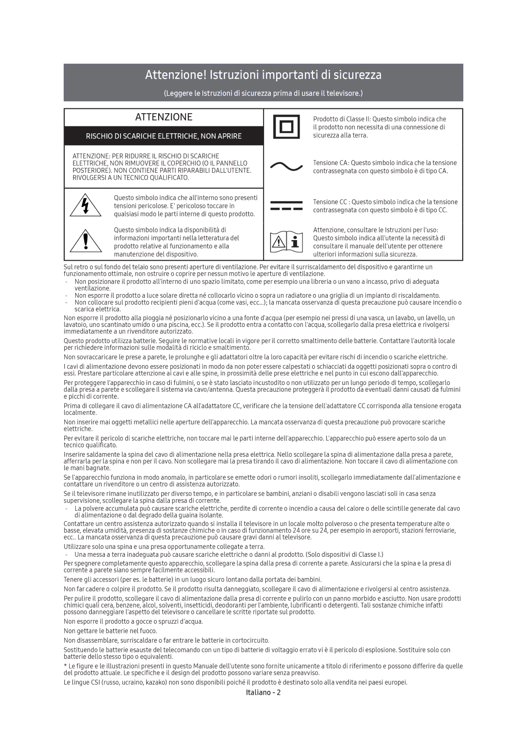 Samsung UE49K6370SUXZG, UE40K6379SUXZG, UE55K6379SUXZG, UE49K6379SUXZG manual Attenzione! Istruzioni importanti di sicurezza 