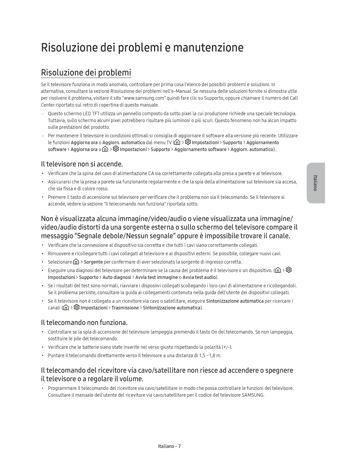 Samsung UE49K6370SUXXC Risoluzione dei problemi e manutenzione, Il televisore non si accende, Il telecomando non funziona 