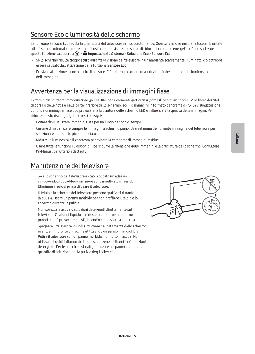 Samsung UE55K6379SUXZG manual Sensore Eco e luminosità dello schermo, Avvertenza per la visualizzazione di immagini fisse 