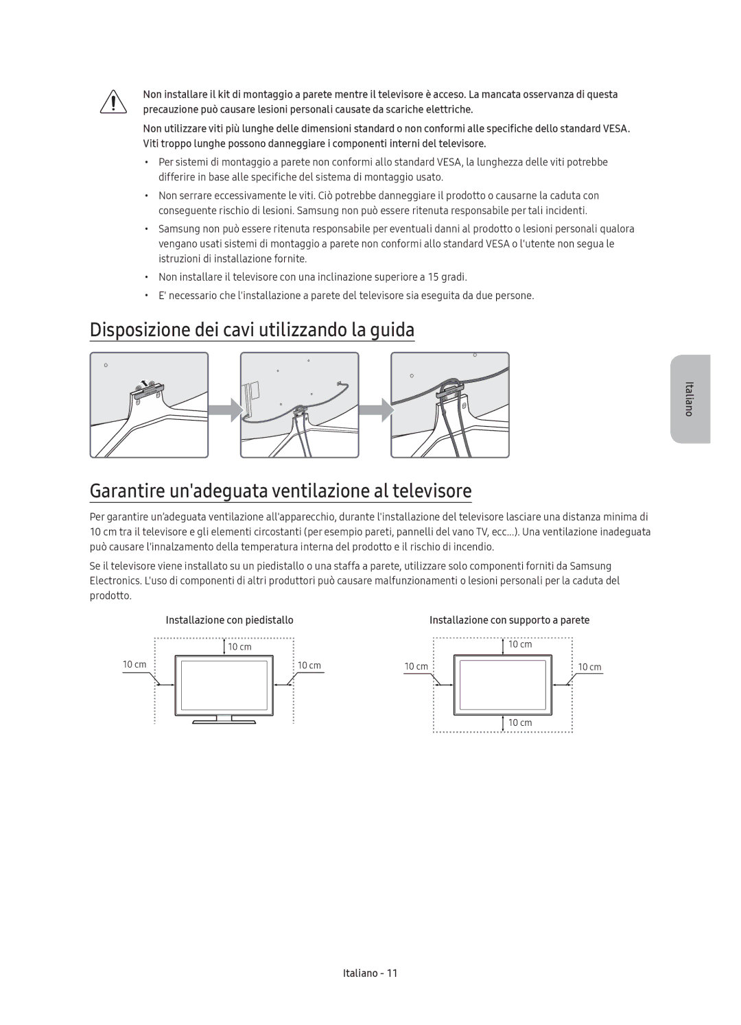 Samsung UE40K6370SUXZG manual Disposizione dei cavi utilizzando la guida, Garantire unadeguata ventilazione al televisore 