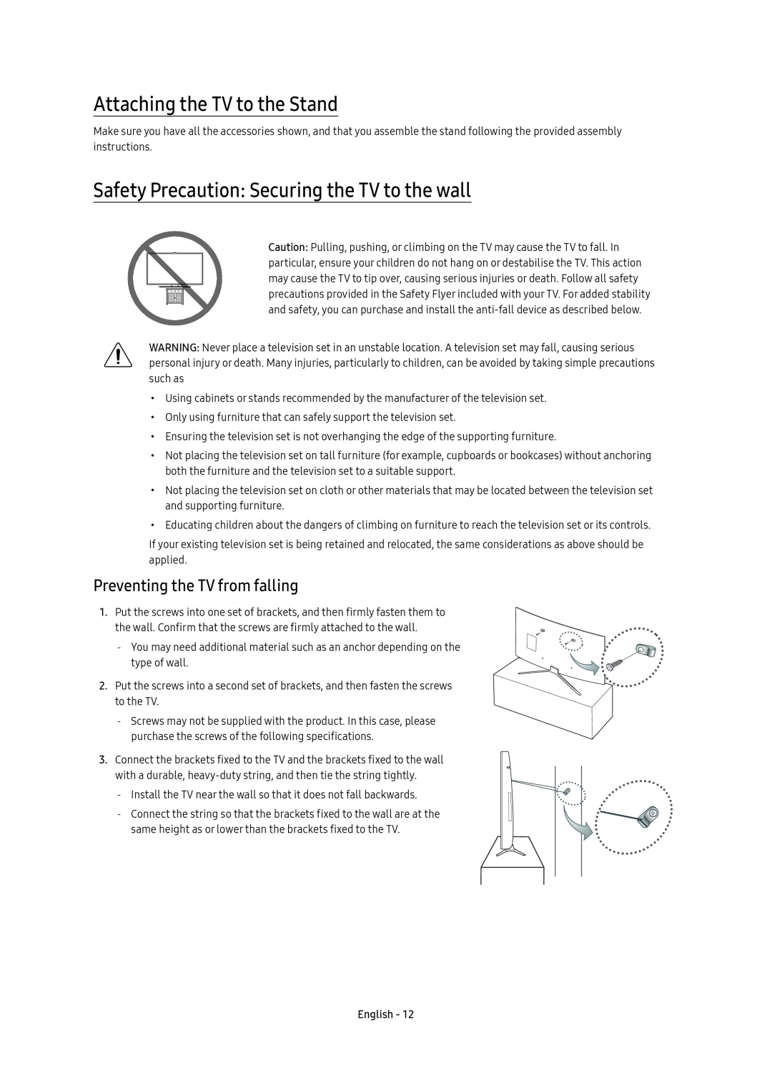 Samsung UE49K6379SUXZG manual Attaching the TV to the Stand, Safety Precaution Securing the TV to the wall, English 