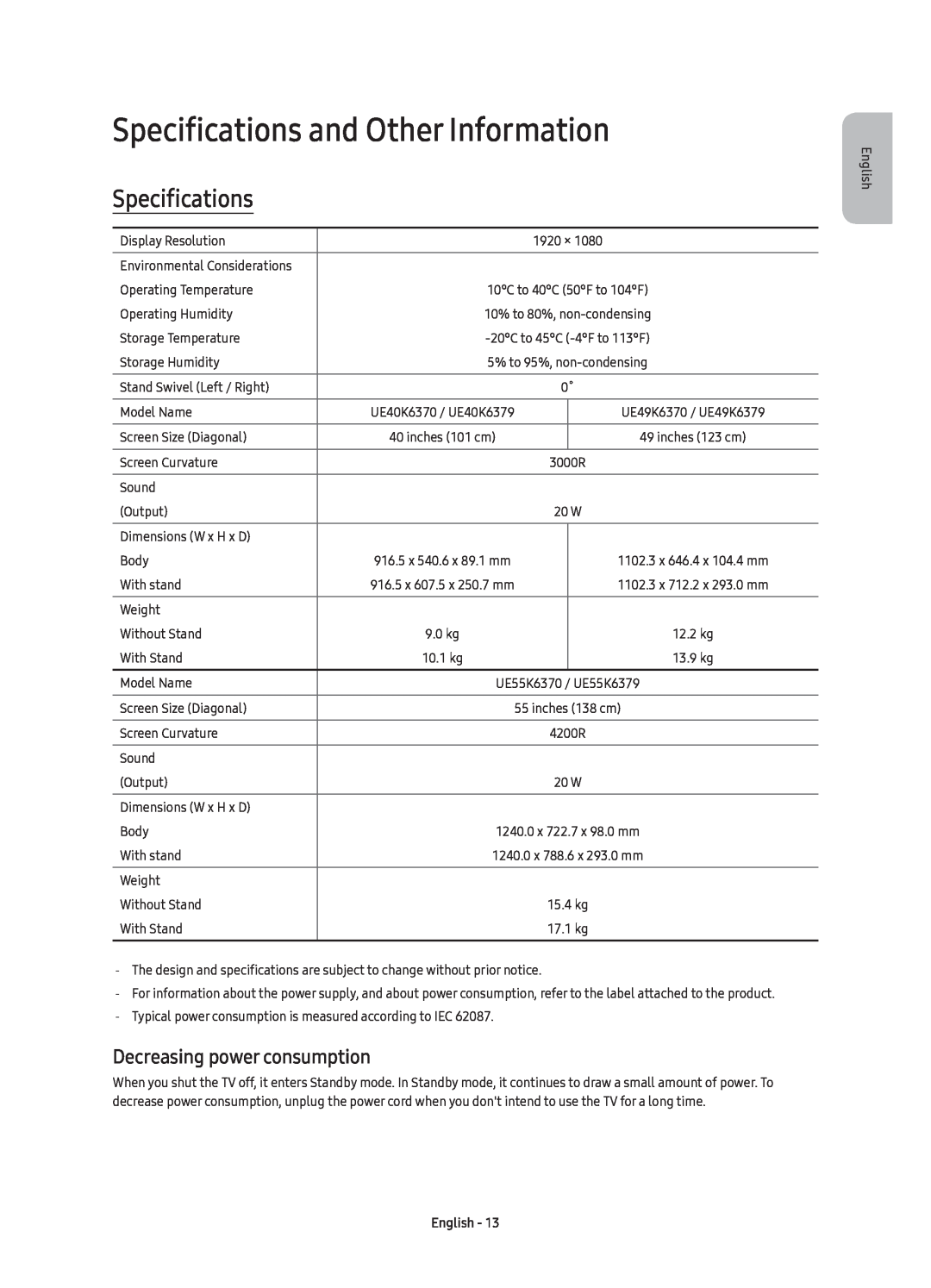 Samsung UE40K6370SUXZG, UE40K6379SUXZG manual Specifications and Other Information, Decreasing power consumption, English 