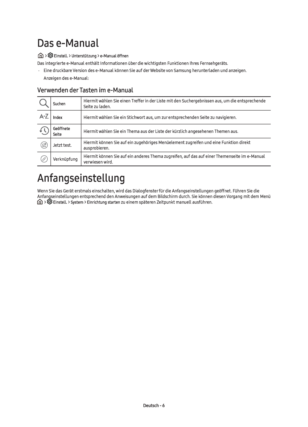 Samsung UE40K6379SUXZG, UE55K6379SUXZG manual Das e-Manual, Anfangseinstellung, Verwenden der Tasten im e-Manual, Deutsch 