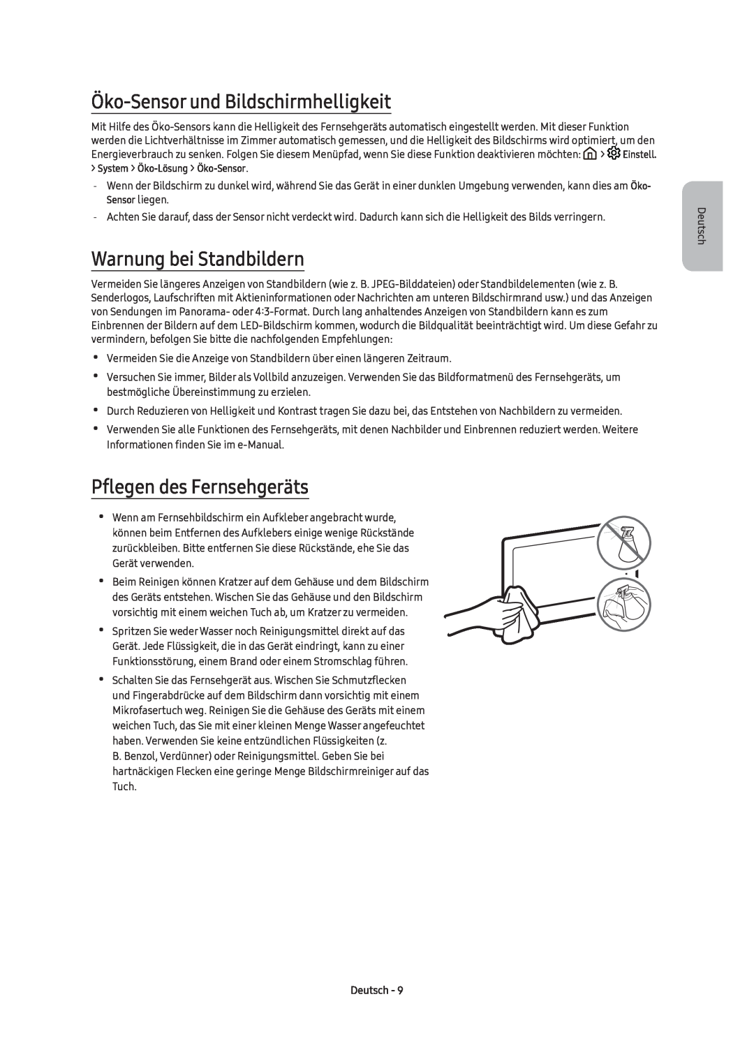 Samsung UE40K6370SUXZG Öko-Sensor und Bildschirmhelligkeit, Warnung bei Standbildern, Pflegen des Fernsehgeräts, Deutsch 