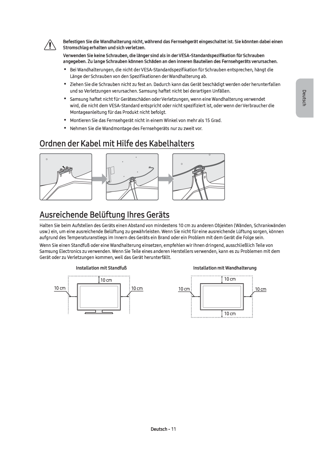 Samsung UE55K6370SUXZG manual Ordnen der Kabel mit Hilfe des Kabelhalters, Ausreichende Belüftung Ihres Geräts, Deutsch 