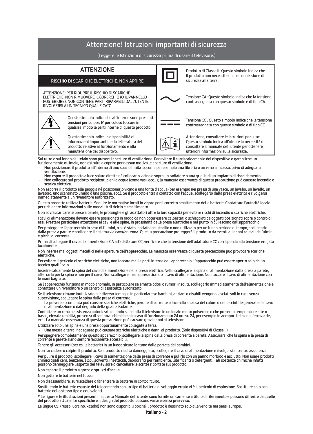 Samsung UE49K6370SUXZG manual Attenzione! Istruzioni importanti di sicurezza, Rischio Di Scariche Elettriche, Non Aprire 