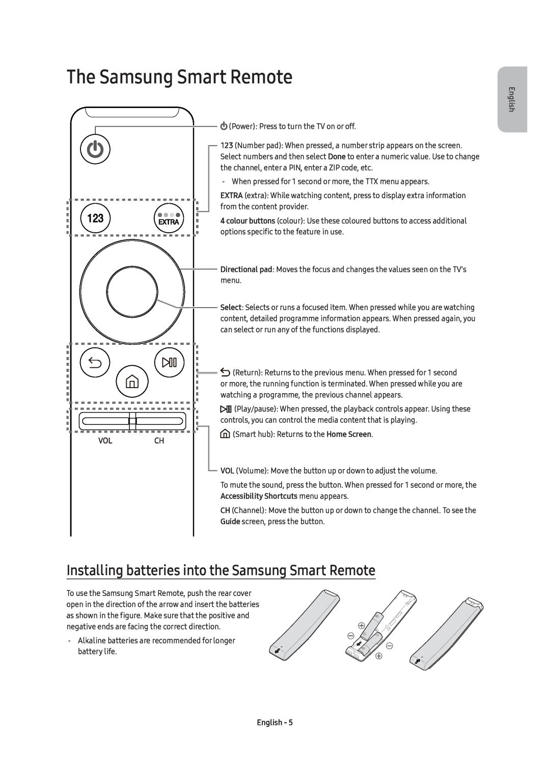 Samsung UE55K6370SUXZG manual The Samsung Smart Remote, Installing batteries into the Samsung Smart Remote, English 