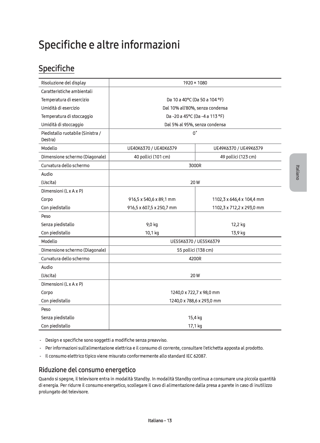 Samsung UE55K6370SUXZG, UE40K6379SUXZG manual Specifiche e altre informazioni, Riduzione del consumo energetico, Italiano 