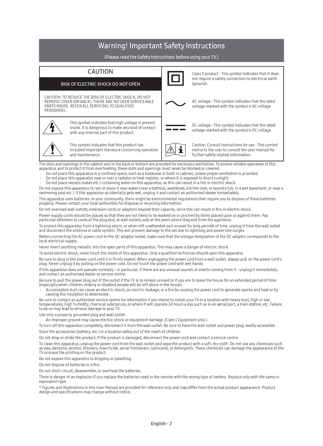 Samsung UE40K6500AUXRU, UE49K6500AUXRU, UE55K6500AUXRU manual Risk of Electric Shock do not Open 