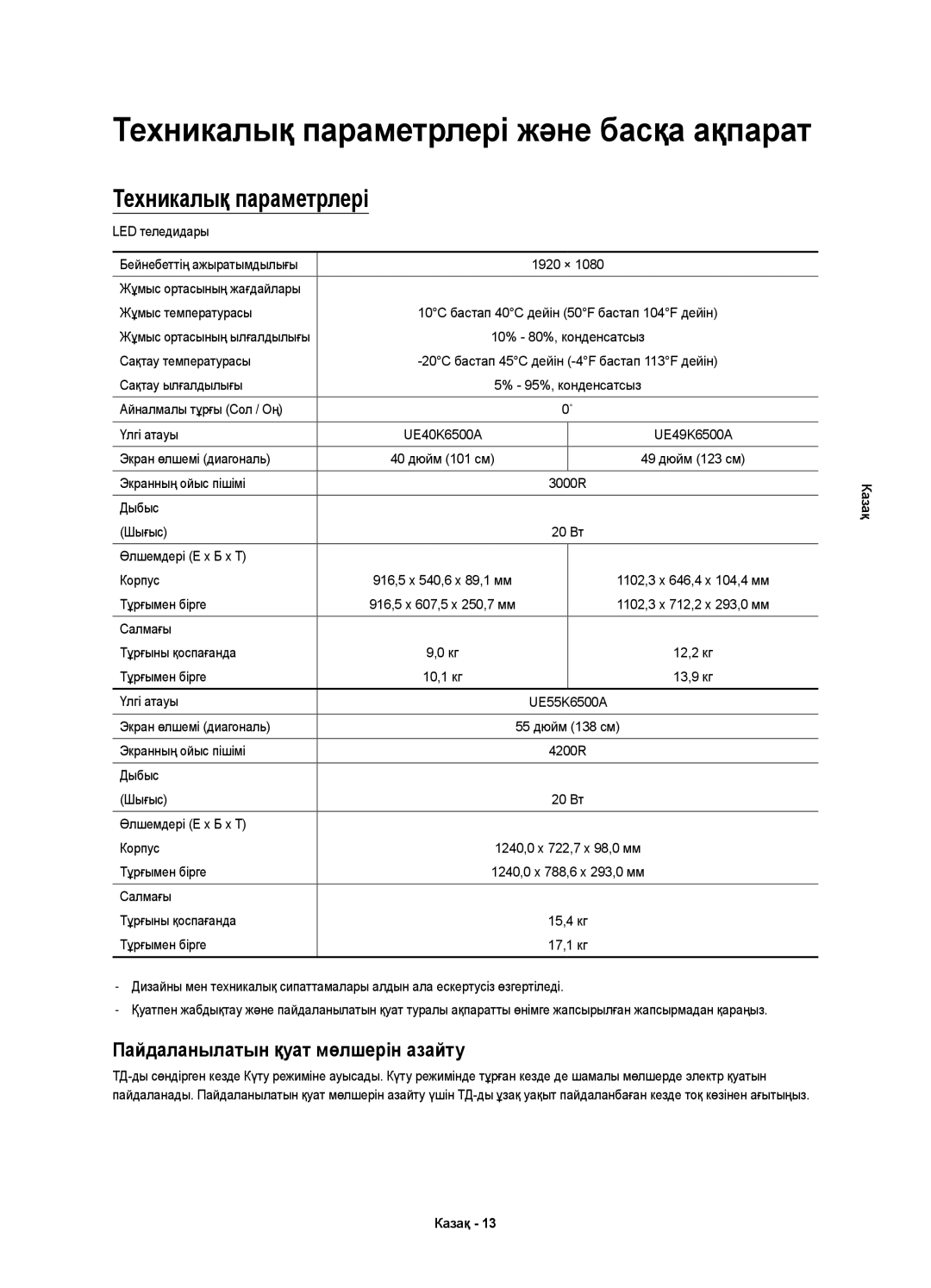 Samsung UE40K6500AUXRU, UE49K6500AUXRU, UE55K6500AUXRU manual Техникалық параметрлері, Пайдаланылатын қуат мөлшерін азайту 