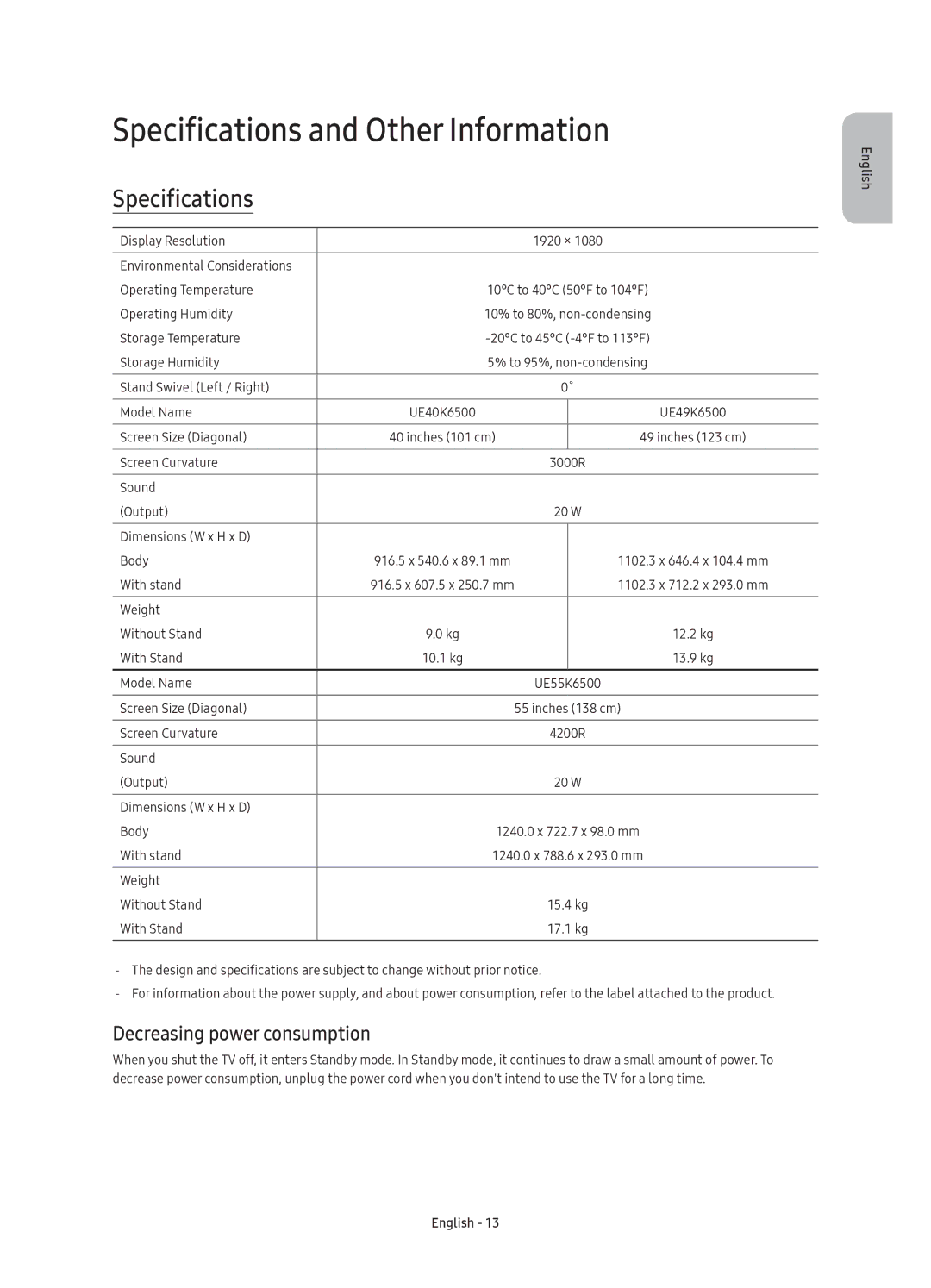 Samsung UE49K6500AUXSQ, UE40K6500AUXSQ, UE55K6500AUXSQ Specifications and Other Information, Decreasing power consumption 