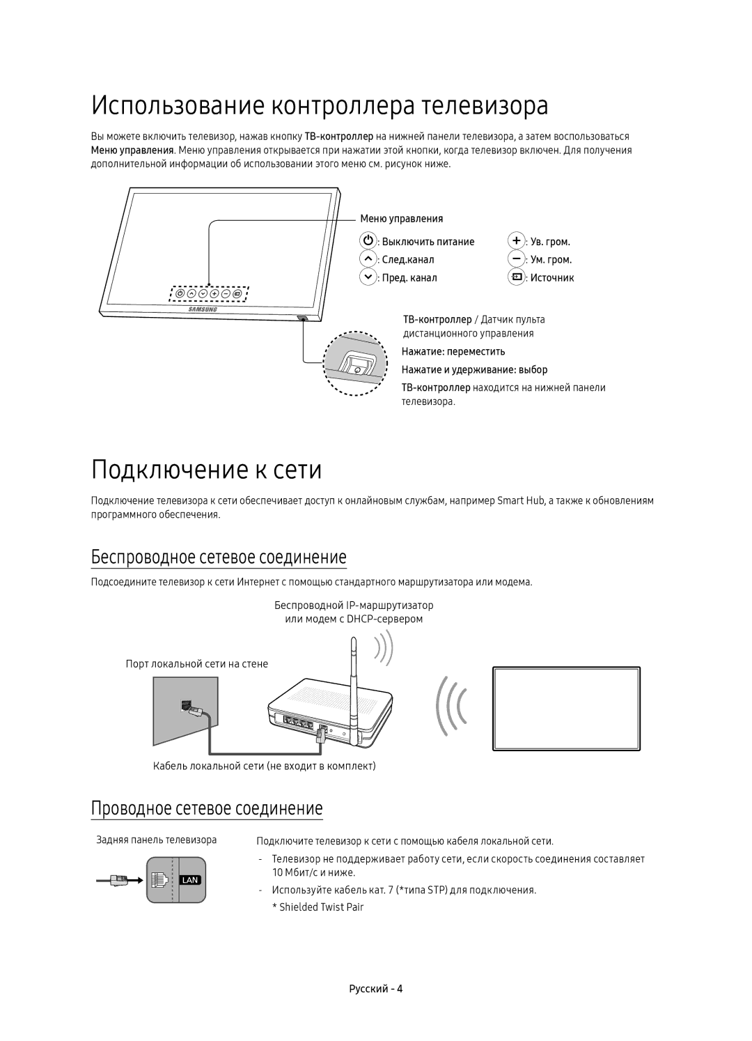 Samsung UE40K6500AUXSQ manual Использование контроллера телевизора, Подключение к сети, Беспроводное сетевое соединение 