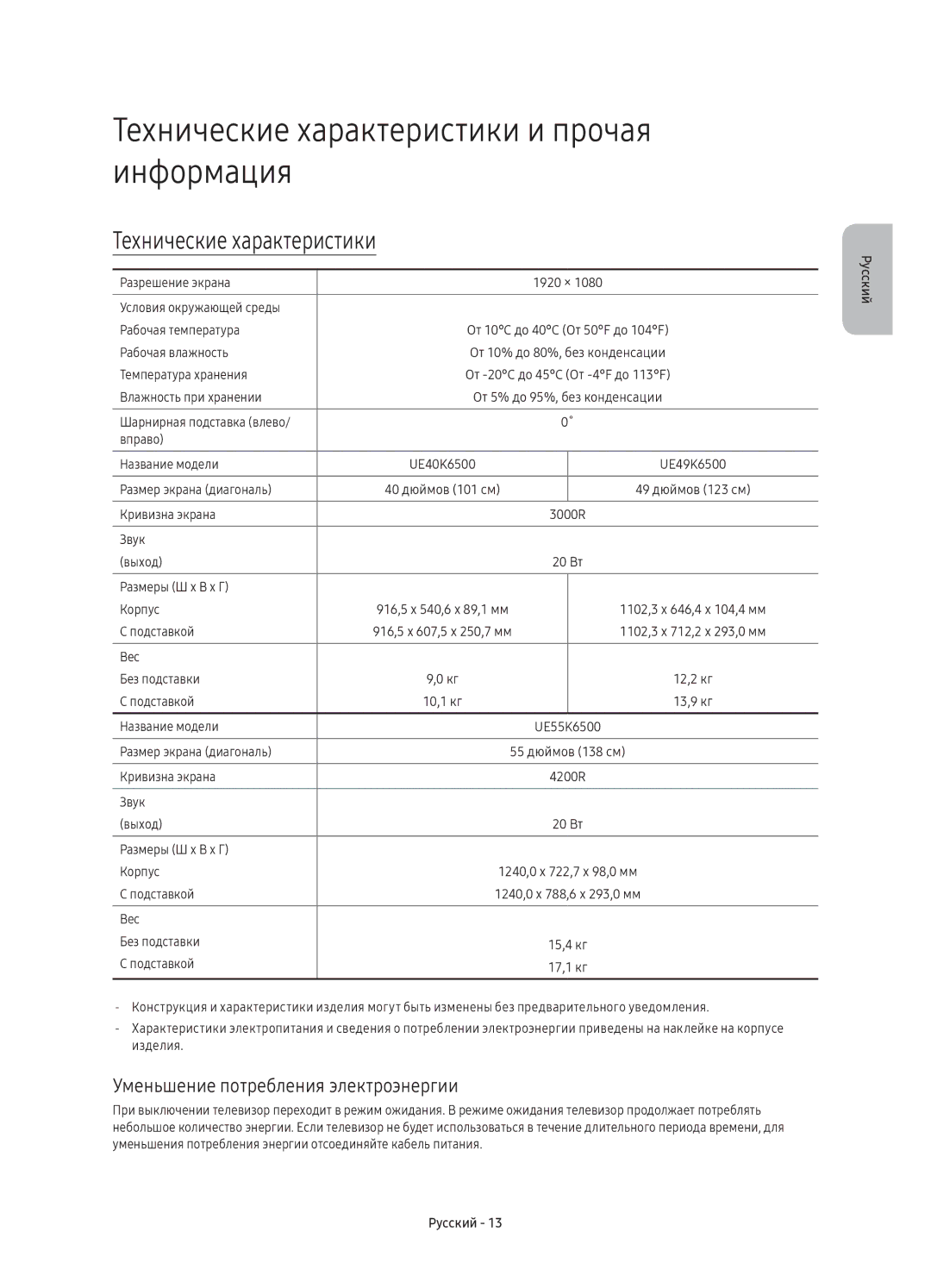 Samsung UE40K6500AUXSQ manual Технические характеристики и прочая информация, Уменьшение потребления электроэнергии 