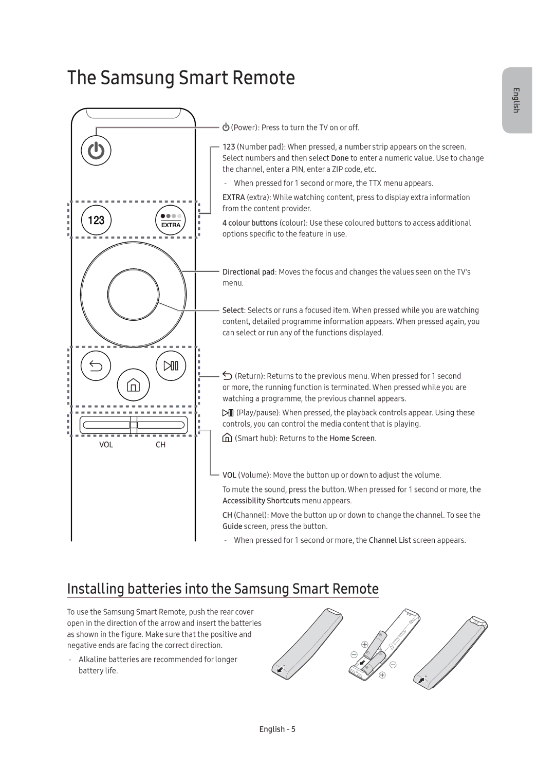 Samsung UE55K6500AUXSQ, UE40K6500AUXSQ, UE49K6500AUXSQ manual Installing batteries into the Samsung Smart Remote 