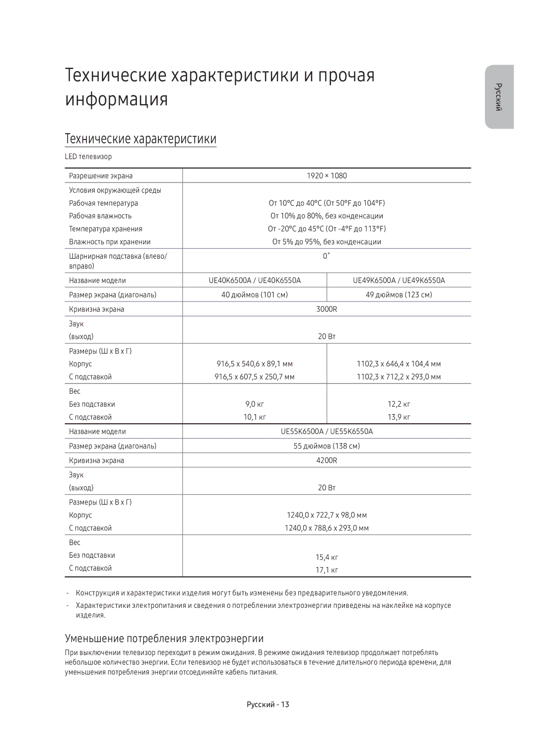 Samsung UE55K6550AUXRU manual Технические характеристики и прочая информация, Уменьшение потребления электроэнергии 