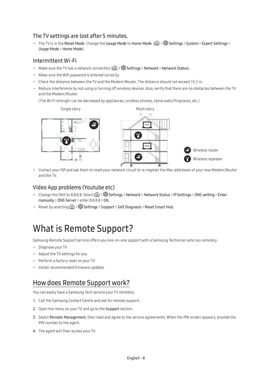 Samsung UE40K6550AUXRU manual What is Remote Support?, How does Remote Support work?, TV settings are lost after 5 minutes 