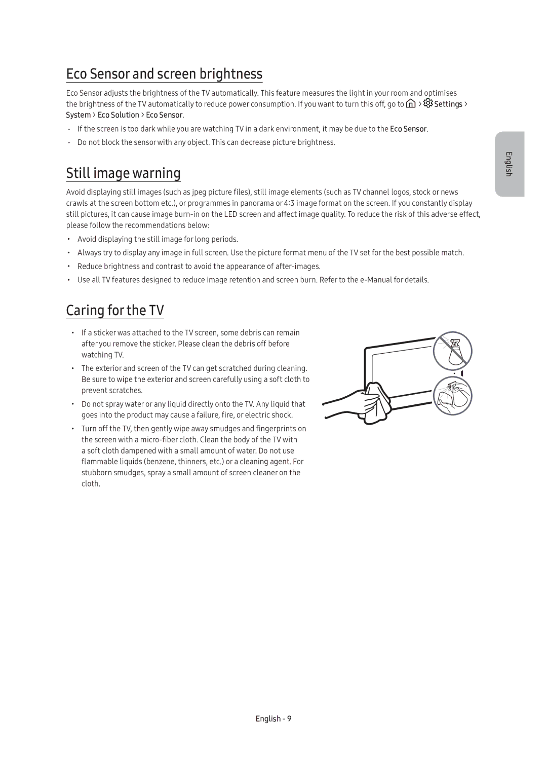 Samsung UE55K6550AUXRU manual Eco Sensor and screen brightness, Still image warning, Caring for the TV, Prevent scratches 