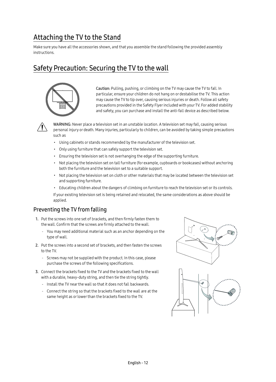 Samsung UE55K6550AUXRU, UE40K6550AUXRU manual Attaching the TV to the Stand, Safety Precaution Securing the TV to the wall 