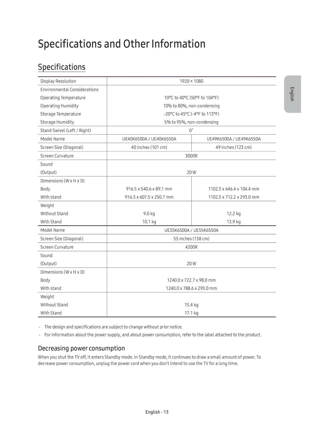 Samsung UE49K6550AUXRU, UE40K6550AUXRU, UE55K6550AUXRU Specifications and Other Information, Decreasing power consumption 