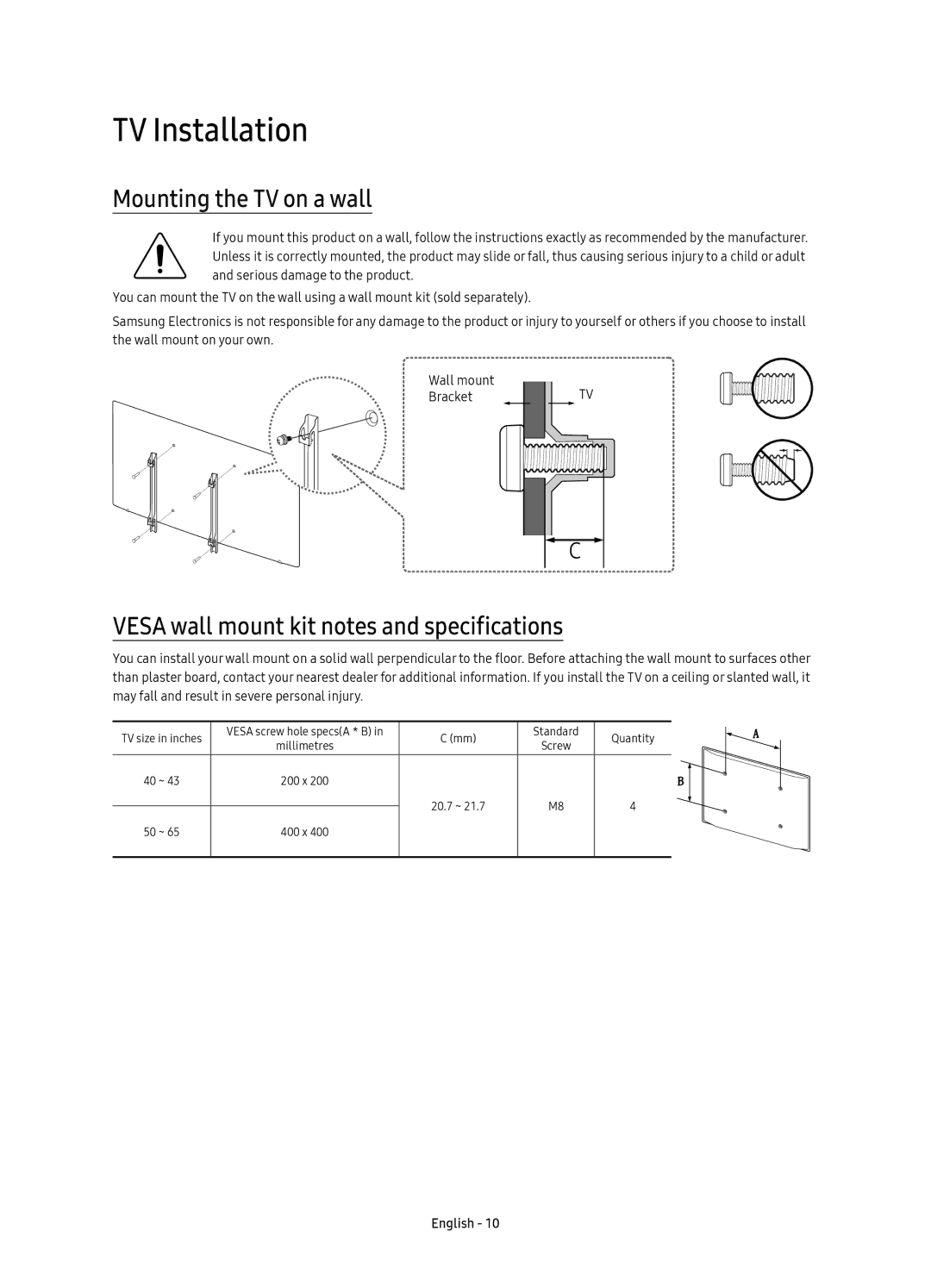 Samsung UE55KU6020UXRU manual TV Installation, Mounting the TV on a wall, Vesa wall mount kit notes and specifications 