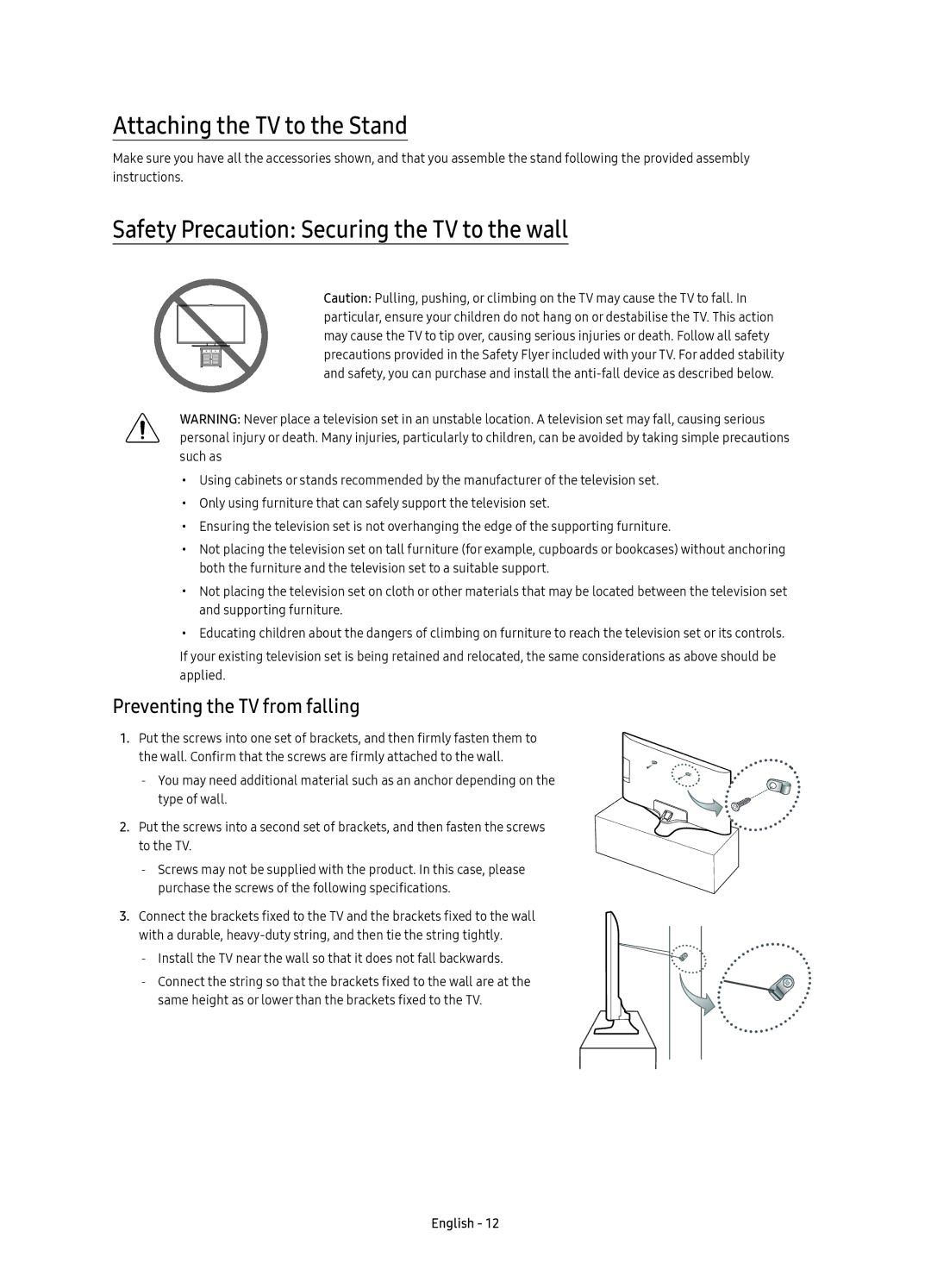 Samsung UE50KU6020UXRU, UE40KU6020UXRU manual Attaching the TV to the Stand, Safety Precaution Securing the TV to the wall 