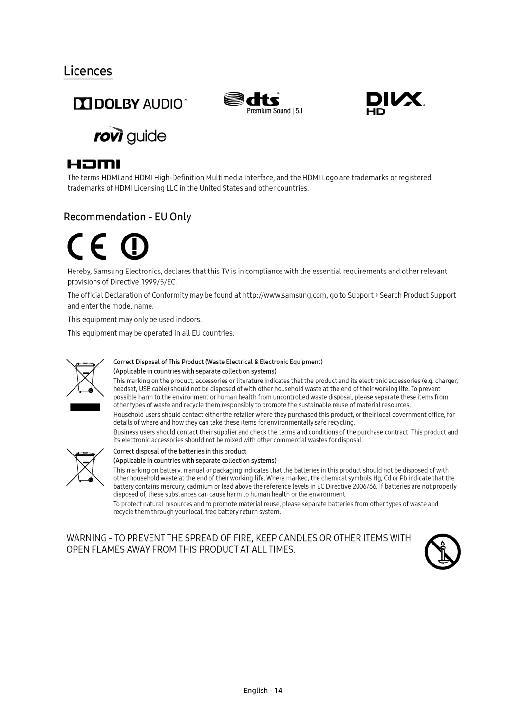 Samsung UE40KU6020UXRU, UE50KU6020UXRU, UE55KU6020UXRU manual Licences, Recommendation EU Only 