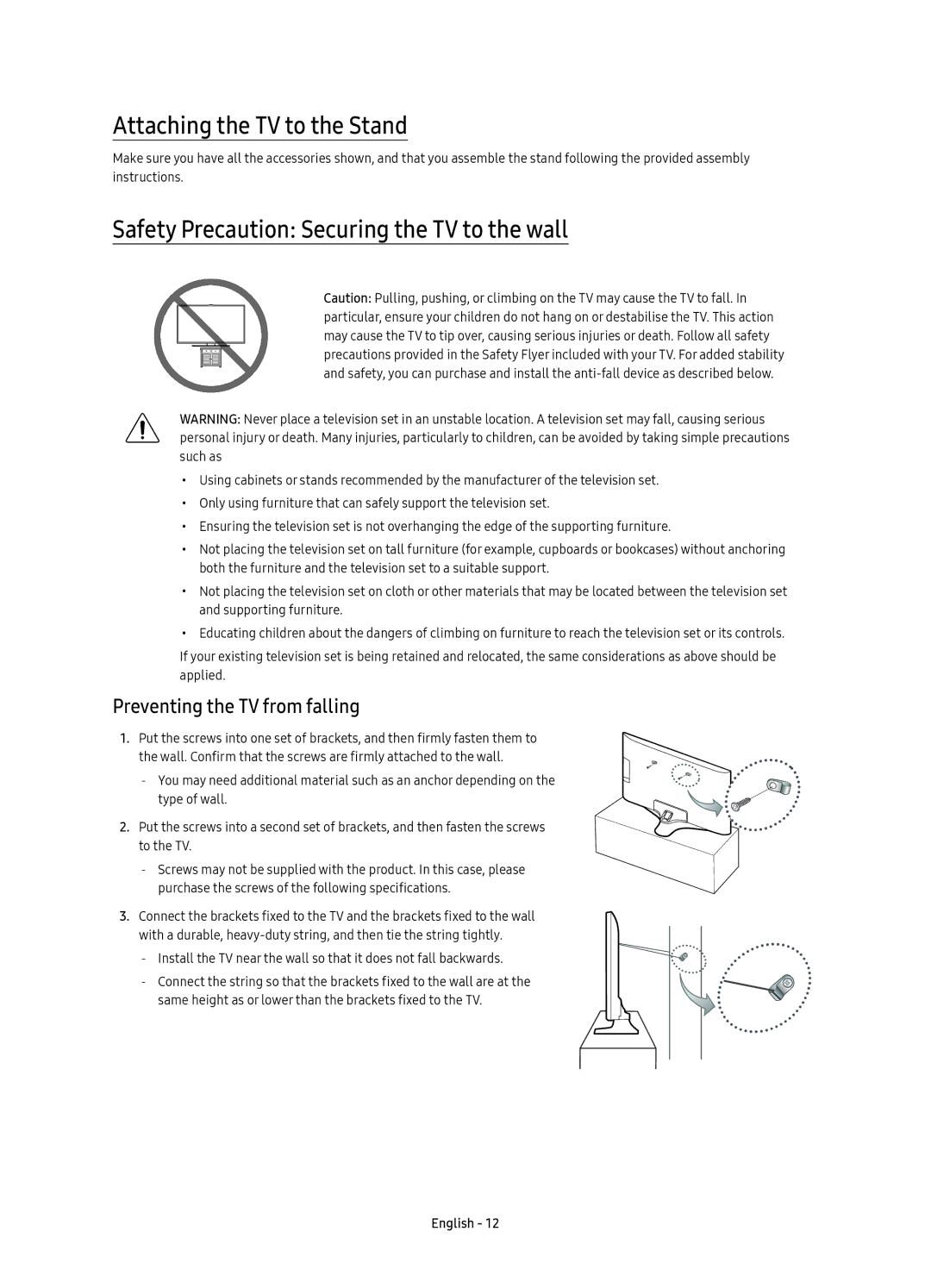 Samsung UE55KU6095UXXE, UE40KU6075UXXE manual Attaching the TV to the Stand, Safety Precaution Securing the TV to the wall 