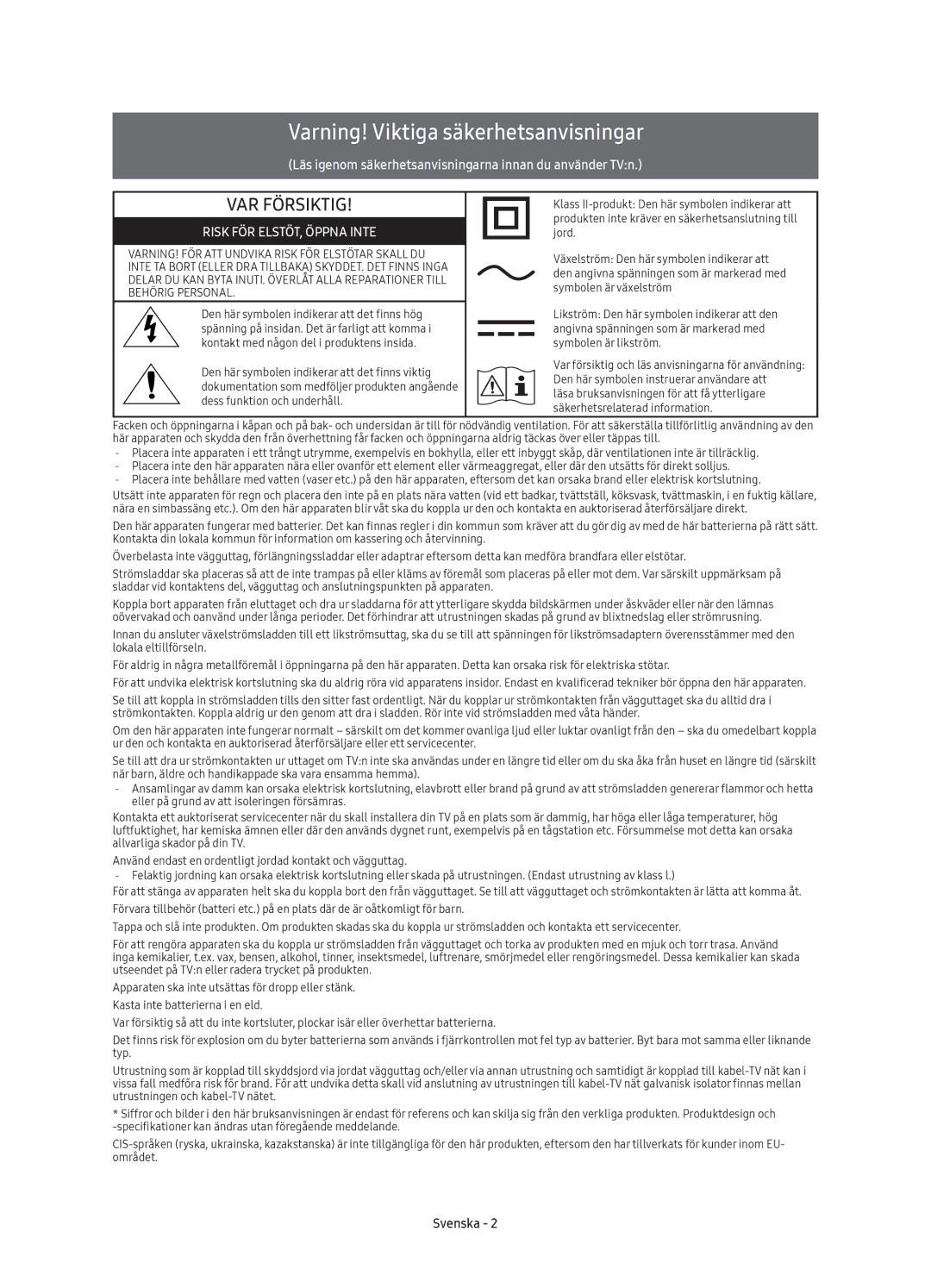 Samsung UE65KU6095UXXE, UE40KU6075UXXE, UE55KU6095UXXE, UE43KU6075UXXE manual Varning! Viktiga säkerhetsanvisningar, Svenska 