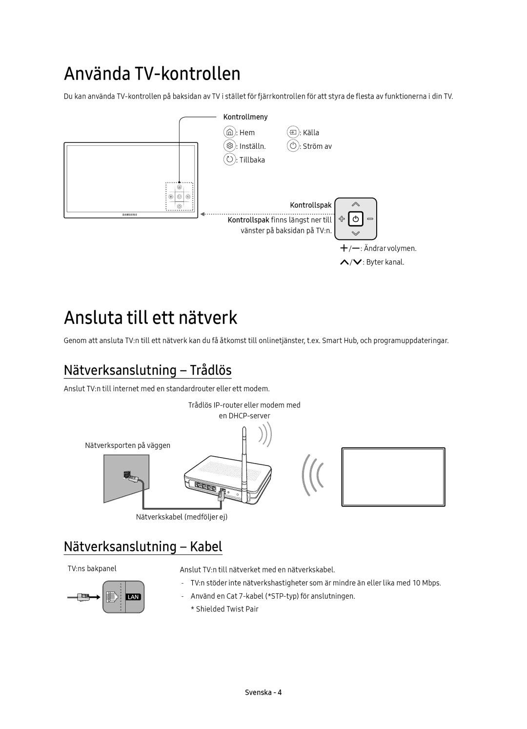 Samsung UE70KU6075UXXE, UE40KU6075UXXE manual Använda TV-kontrollen, Ansluta till ett nätverk, Nätverksanslutning Trådlös 