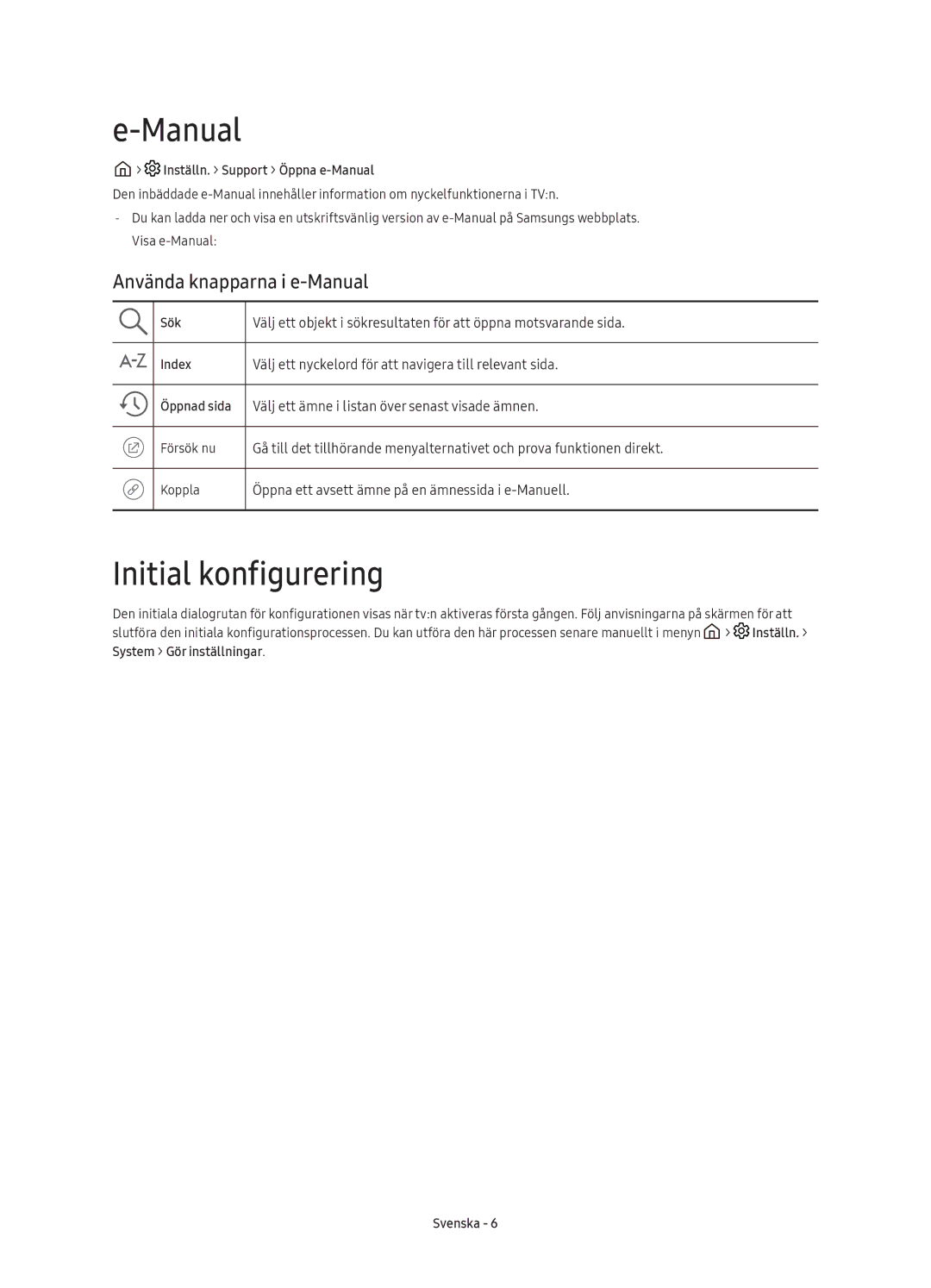 Samsung UE50KU6095UXXE Initial konfigurering, Använda knapparna i e-Manual, Inställn. Support Öppna e-Manual, Sök 