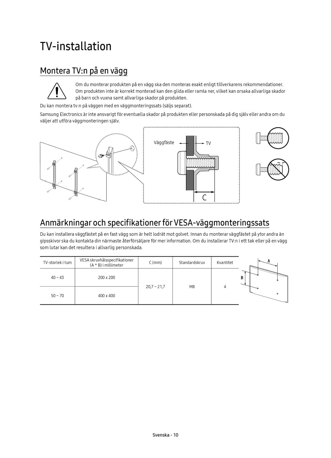 Samsung UE43KU6075UXXE, UE40KU6075UXXE, UE55KU6095UXXE, UE50KU6075UXXE manual TV-installation, Montera TVn på en vägg 