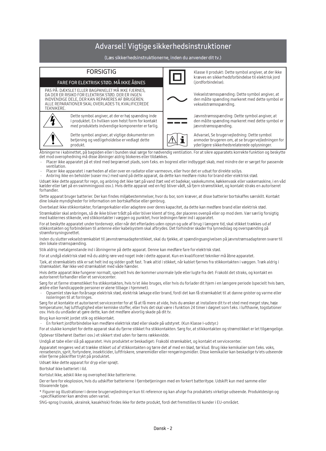 Samsung UE65KU6075UXXE, UE40KU6075UXXE, UE55KU6095UXXE, UE43KU6075UXXE, UE50KU6075UXXE, UE55KU6075UXXE manual Forsigtig, Dansk 