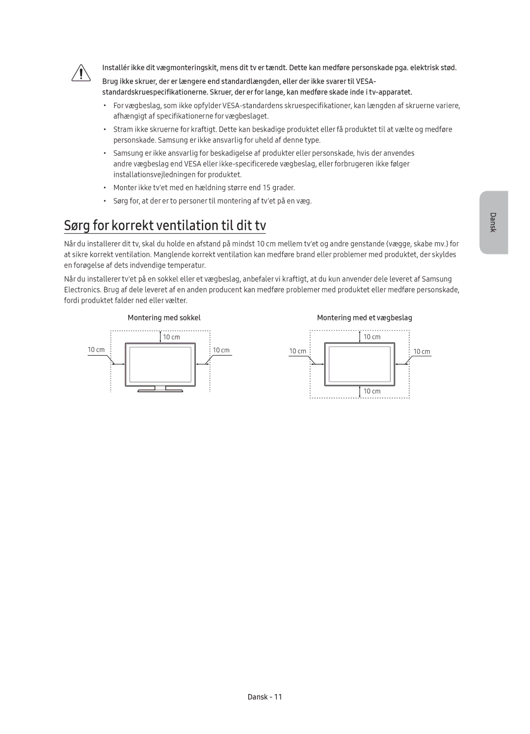 Samsung UE40KU6095UXXE, UE40KU6075UXXE, UE55KU6095UXXE manual Sørg for korrekt ventilation til dit tv, Montering med sokkel 