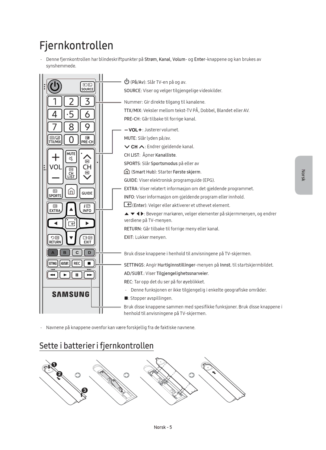 Samsung UE50KU6075UXXE Fjernkontrollen, Sette i batterier i fjernkontrollen, AD/SUBT. Viser Tilgjengelighetssnarveier 