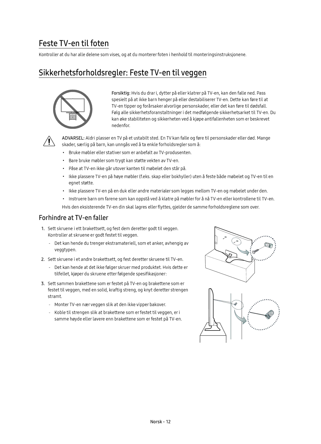 Samsung UE60KU6075UXXE Feste TV-en til foten, Sikkerhetsforholdsregler Feste TV-en til veggen, Forhindre at TV-en faller 