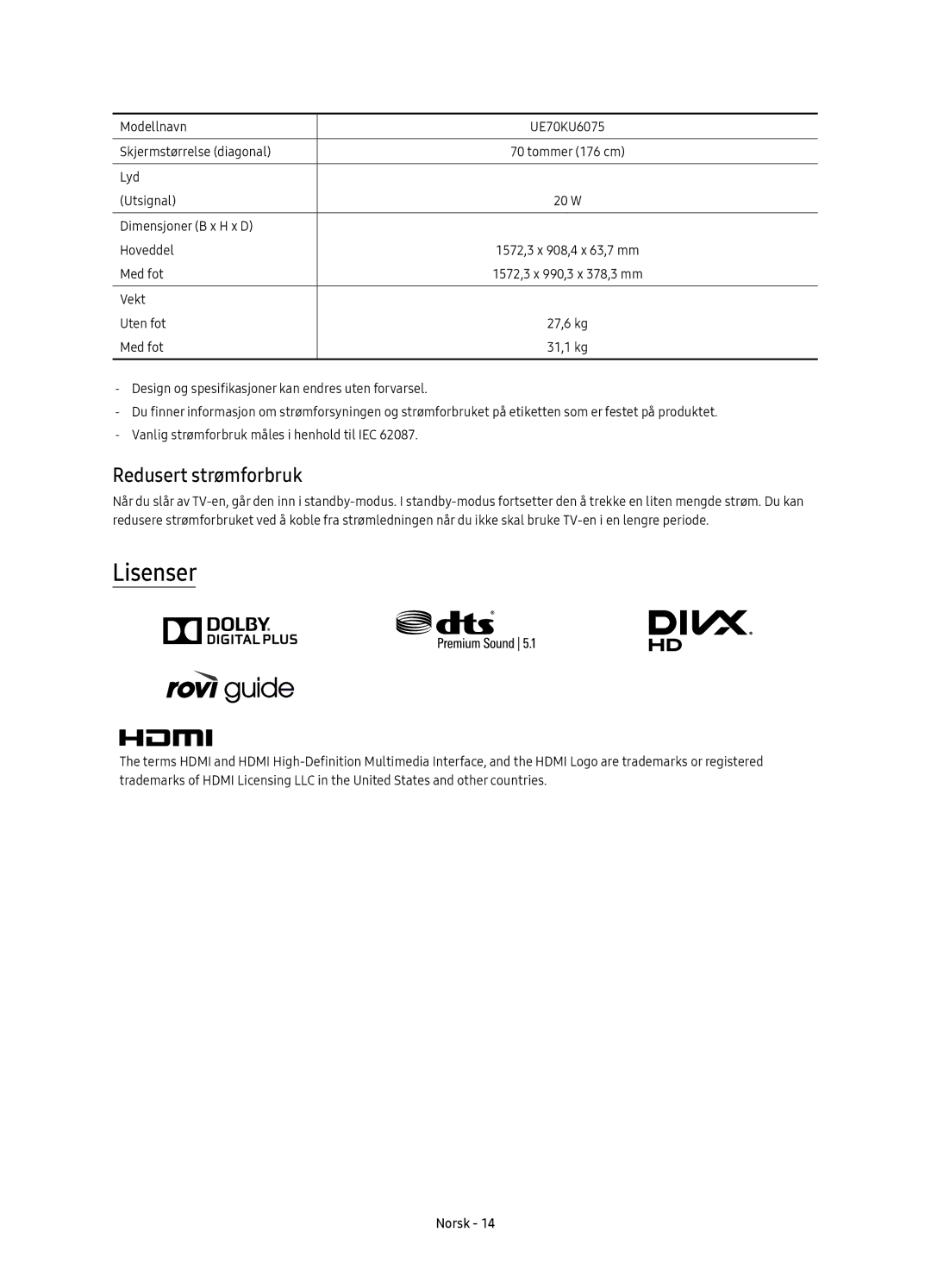 Samsung UE55KU6095UXXE, UE40KU6075UXXE, UE43KU6075UXXE, UE50KU6075UXXE, UE55KU6075UXXE manual Lisenser, Redusert strømforbruk 