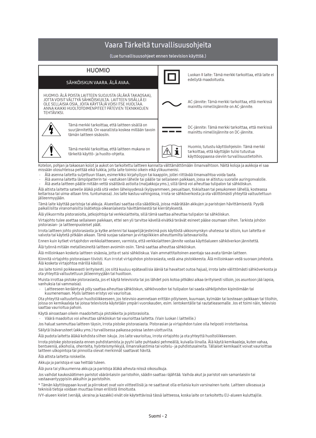 Samsung UE50KU6075UXXE, UE40KU6075UXXE, UE55KU6095UXXE, UE43KU6075UXXE manual Vaara Tärkeitä turvallisuusohjeita, Suomi 