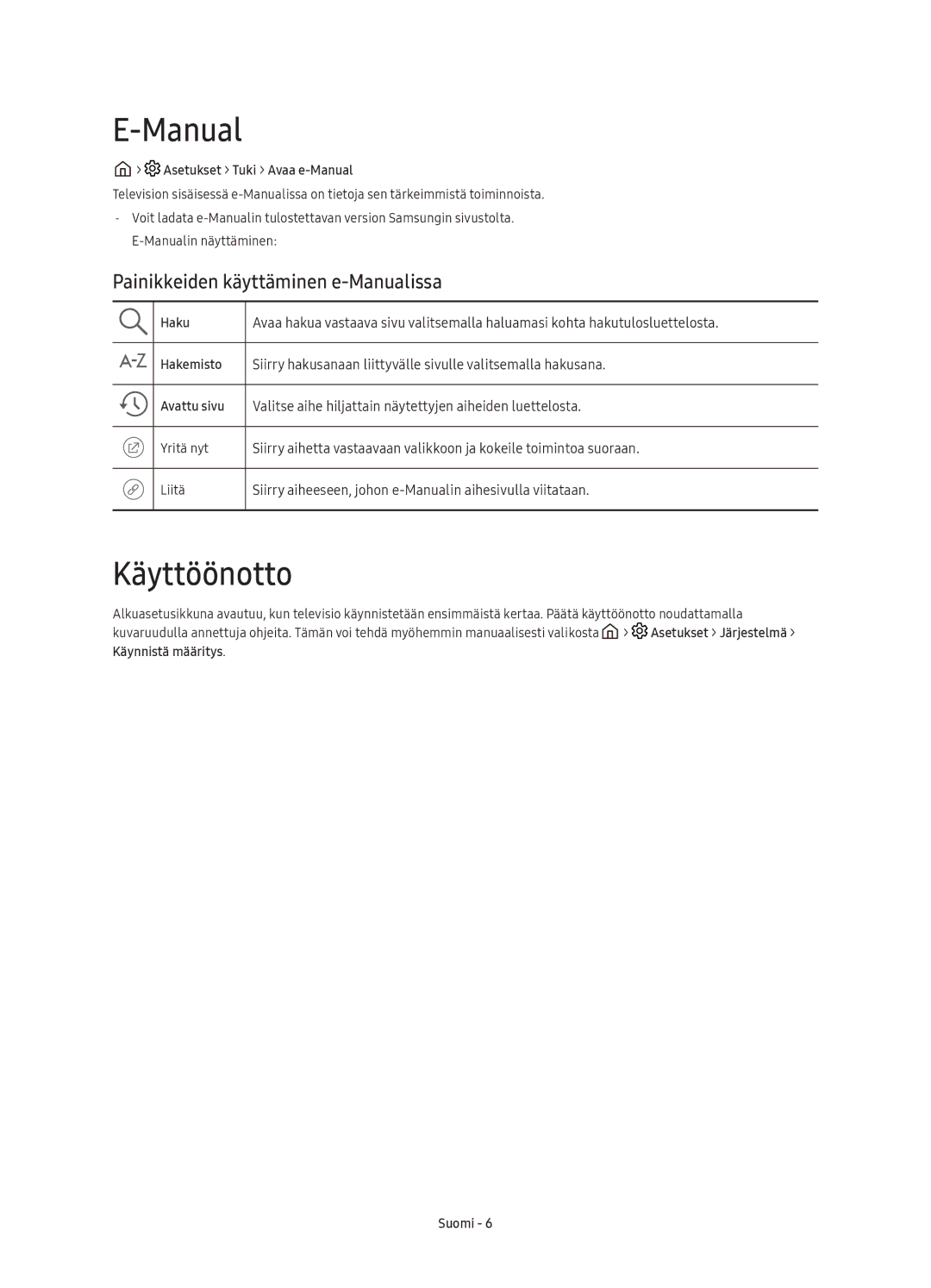 Samsung UE70KU6075UXXE, UE40KU6075UXXE, UE55KU6095UXXE, UE43KU6075UXXE Käyttöönotto, Painikkeiden käyttäminen e-Manualissa 