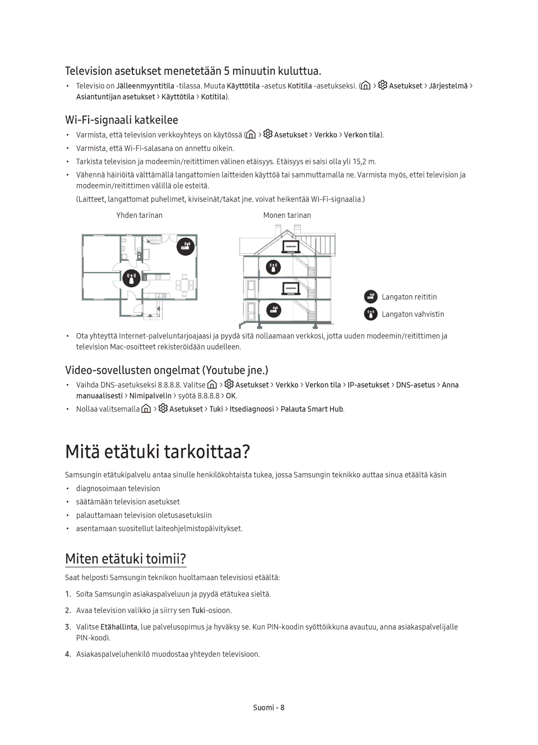 Samsung UE50KU6095UXXE, UE40KU6075UXXE manual Mitä etätuki tarkoittaa?, Miten etätuki toimii?, Wi-Fi-signaali katkeilee 