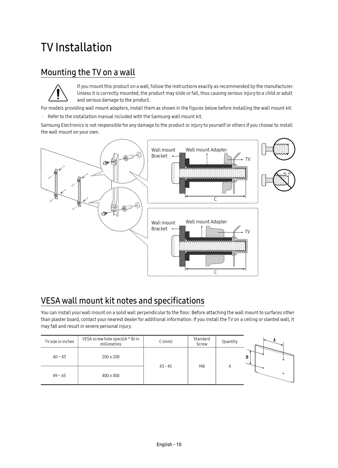 Samsung UE49KU6402UXXH manual TV Installation, Mounting the TV on a wall, Vesa wall mount kit notes and specifications 