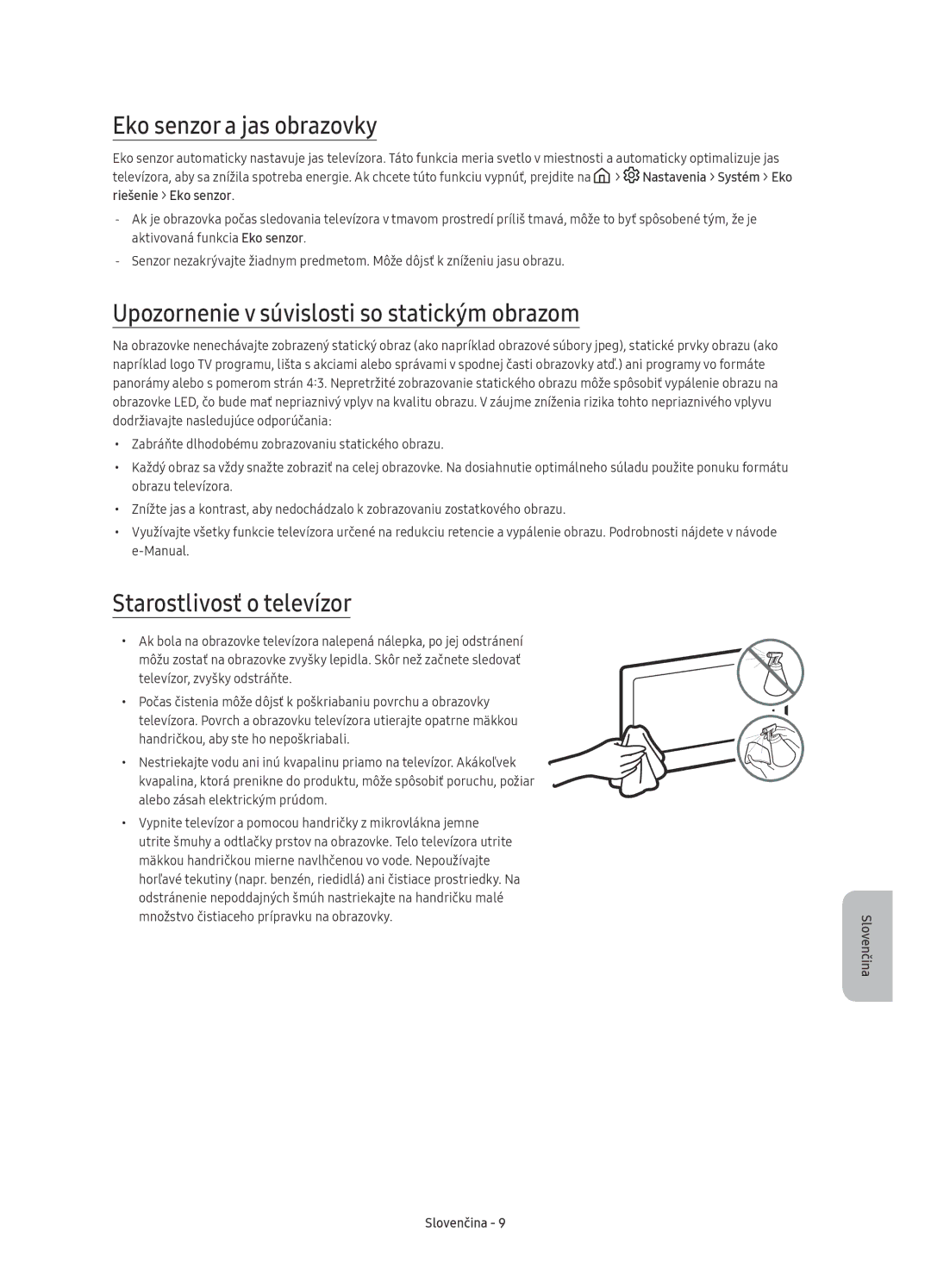 Samsung UE65KU6400SXXH, UE40KU6400SXXH manual Eko senzor a jas obrazovky, Upozornenie v súvislosti so statickým obrazom 