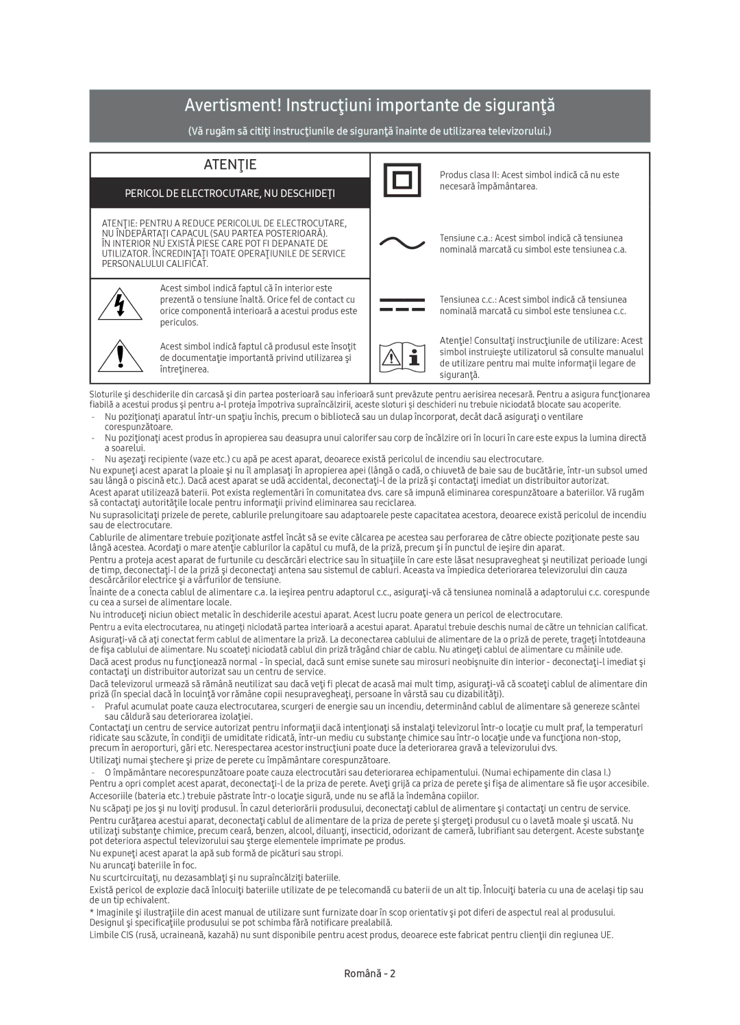 Samsung UE40KU6402UXXH Avertisment! Instrucţiuni importante de siguranţă, Pericol DE ELECTROCUTARE, NU Deschideţi, Română 